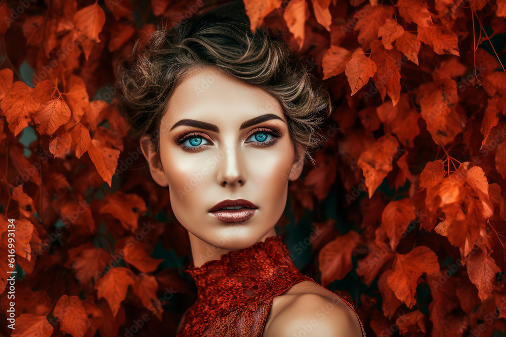 Generative AI illustration of Beautiful young caucasian woman with background of red leaves in autumn colors dressed in the latest fashion Generative AI illustration of Beautiful young caucasian woman with background of red leaves in autumn colors dressed in the latest fashion