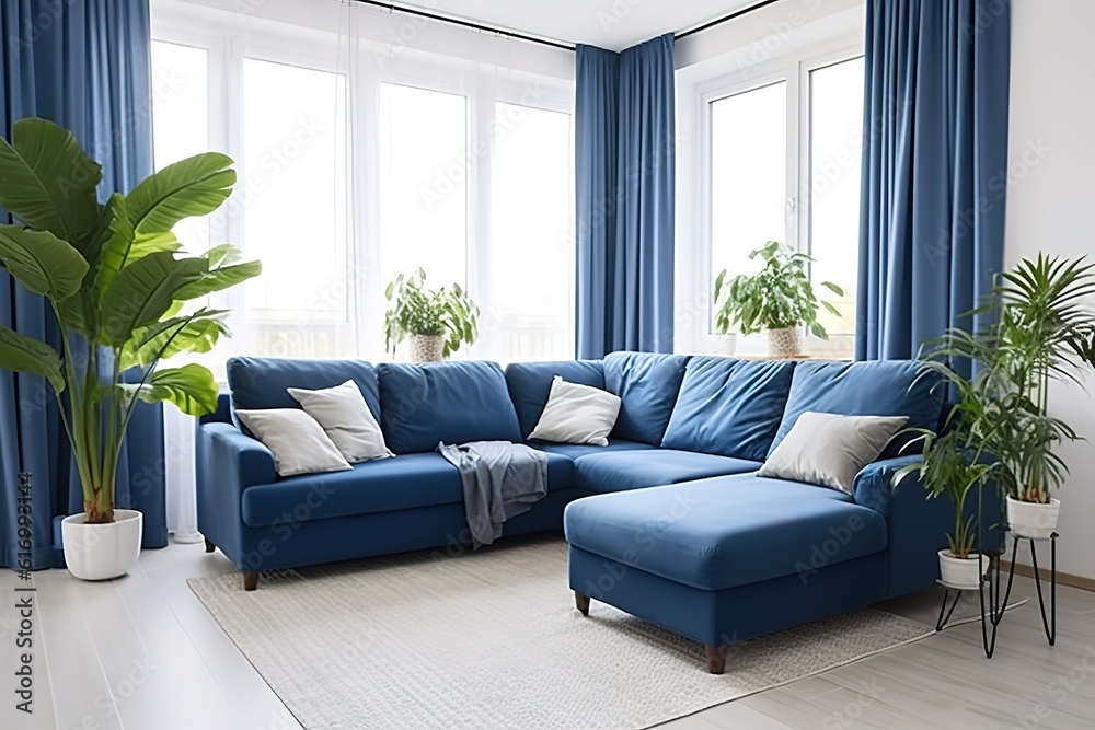 Mock up wall in steel blue modern interior background, living room ...