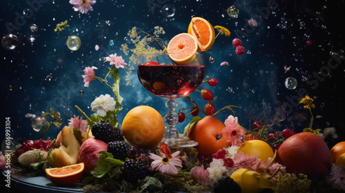 Beautiful still life of a fruity cocktail glass with many fruits around