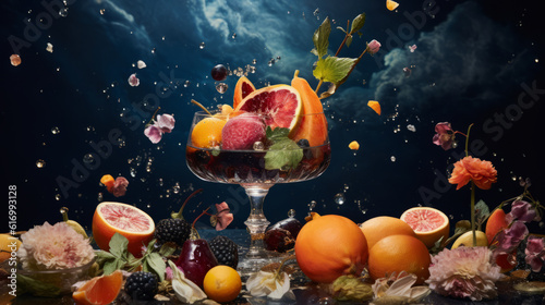 Beautiful still life of a fruity cocktail glass with many fruits around