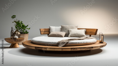 Modern bedroom with round wooden bed frame and round mattress with cushion