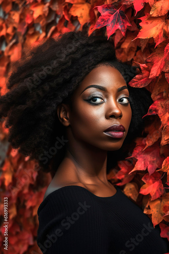 Generative AI illustration of Beautiful young black woman with background of red leaves in autumn colors