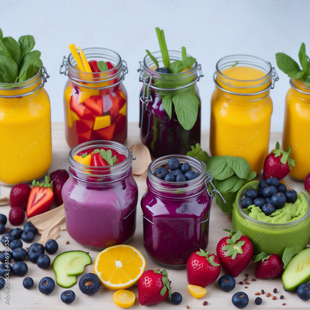 Different kind of smoothies in fruit jams with strawberries, blueberries, herbs Different kind of smoothies in fruit jams with strawberries, blueberries, herbs