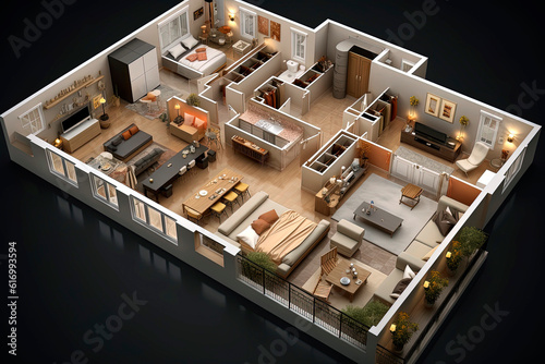 Generative AI 3D floor plan illustration of a house with 3 bedrooms, living room, kitchen, laundry room, bathroom