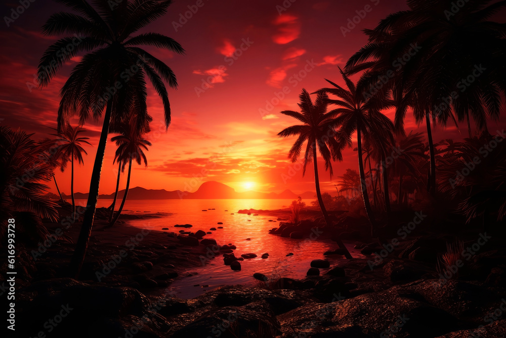 Beach at sunset with palm trees and the sea. Generative AI