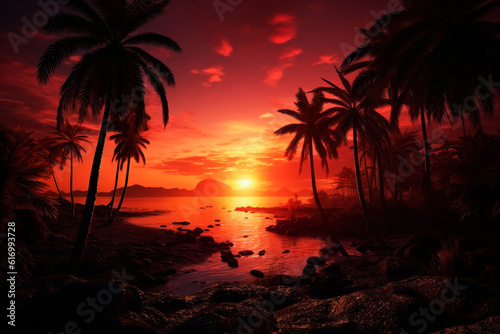 Beach at sunset with palm trees and the sea. Generative AI