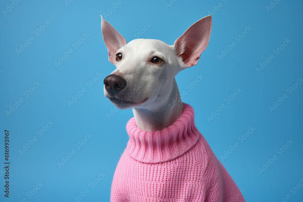 Collage of anthropomorphic person with jack russel terrier head wear cozy sweater product for pets generated ai advert