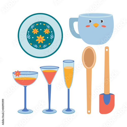 A set of kitchen utensils, a spoon, a mug, a ladle, a plate, glasses for wine, spatula.