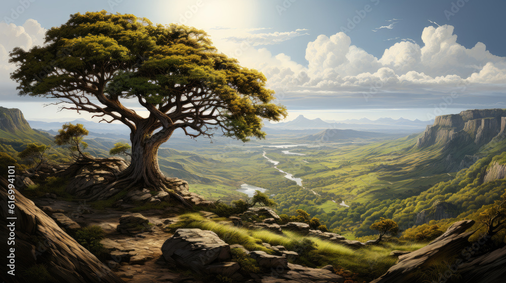Generative ai illustration of Surreal majestic tree on top of a hill, detailed, path up the hill, vast landscape Generative ai illustration of Surreal majestic tree on top of a hill, detailed, path up the hill, vast landscape