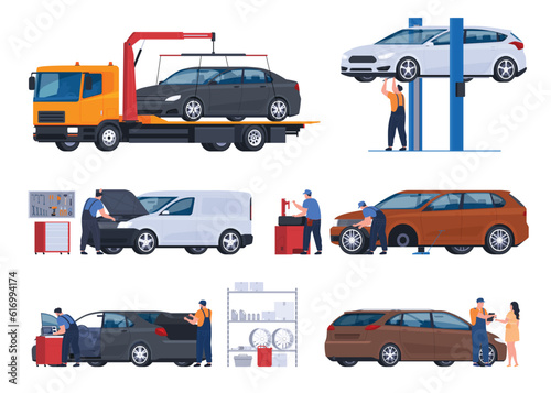 Car service. Evacuation, repair and maintenance of vehicles. Workers inspect and repair the car. Vector illustration