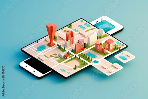 Generative AI illustration of City map isometric route navigation online on smartphone