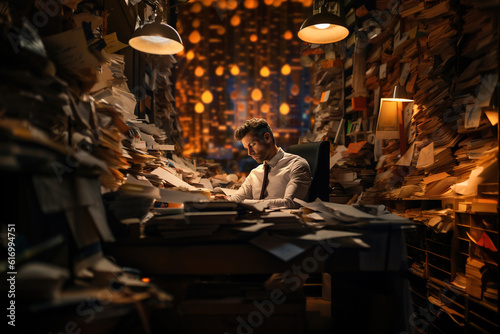 Workaholic, deadline, overtime, fatigue and exhaustion concept. Tired office worker is sleeping at work, young caucasian man in shirt at workplace littered with papers and documents
