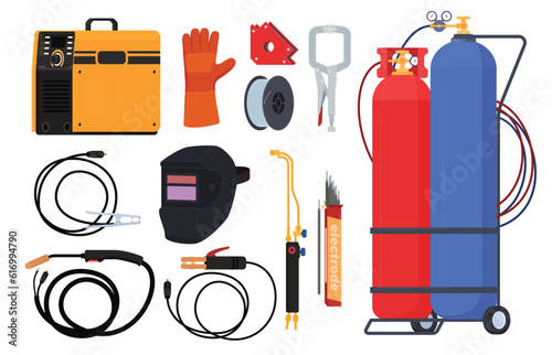 Welding machines. Gas cutters. Components and equipment for metal welding and cutting. Vector illustration