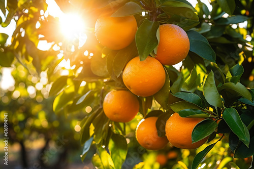 Fresh oranges on tree in farm that are about to harvest with sunshine