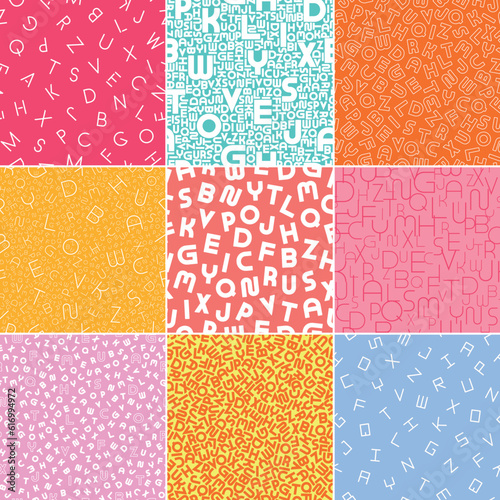 Collection of bright colorful seamless alphabet patterns. Stylish vibrant children backgrounds with Latin letters. Trendy textile fashion prints