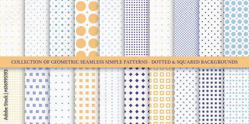 Collection of vector seamless geometric dotted patterns. Simple color textures with spots and squares - repeatable unusual bright backgrounds. Textile endless polka dot prints