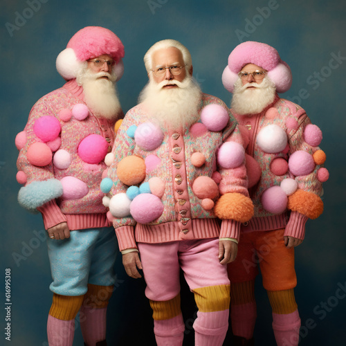 Senior gentlemens in modern clothes that is like a christmas costume of Santa Clause. Trendy men in hipi pastel sweaters and pants. Illustration. Generative AI. photo