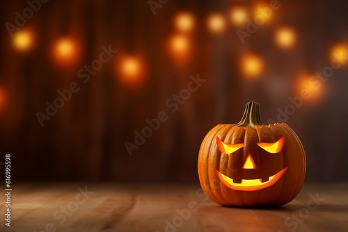 Jack O’ Lantern on the wooden surface. Halloween pumpkin. All Hallows' Eve celebration. Generative AI. © Olena Druz