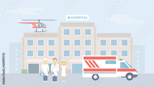 Hospital building vector. Healthcare team concept. Medical emergency transport. Ambulance services illustration.