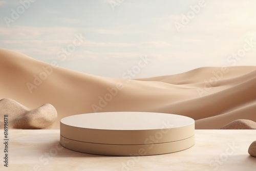 empty beauty product display podium or pedestal with sand desert background