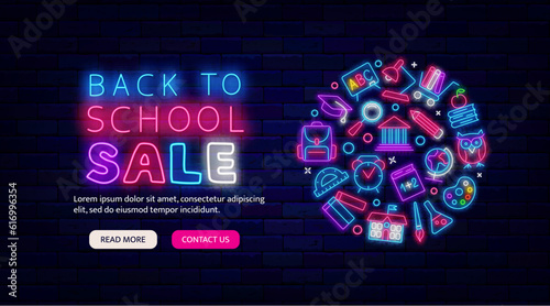 Back to school sale neon flyer. Circle layout with icons. Landing page template. Vector stock illustration