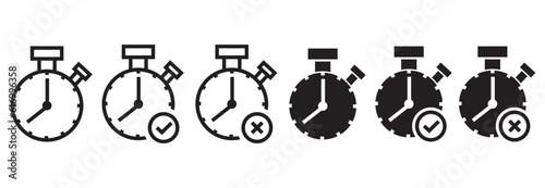 Simple black and white Clock timer icon set collection. Stopwatch with right and wrong check mark for web ui use. Png and transparent sign
