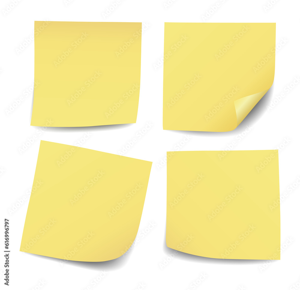 Set of four realistic blank yellow post it notes isolated on transparent background Set of four realistic blank yellow post it notes isolated on transparent background
