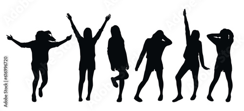 Set of black silhouettes of a girl posing on transparent background