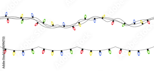 Seamless colorful christmas lights on chain pattern on transparent background