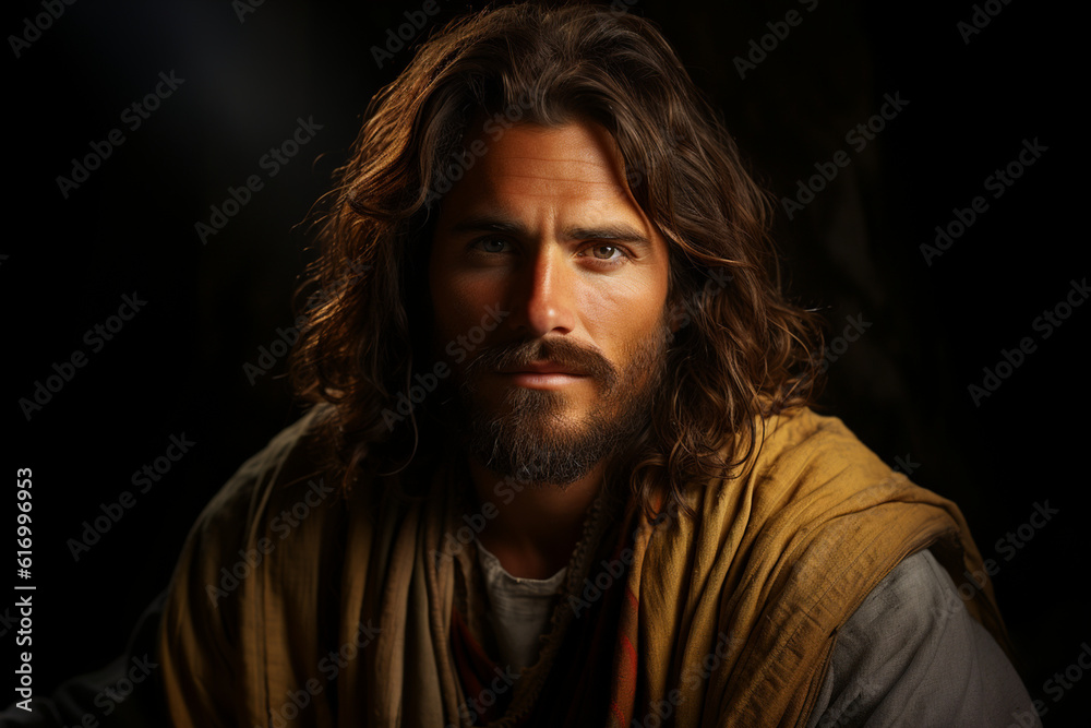 Serene portrait of Jesus, capturing his compassion and love, characters from the Bible Generative AI