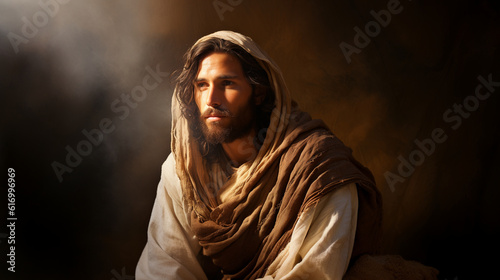 Serene portrait of Jesus, capturing his compassion and love, characters from the Bible Generative AI photo