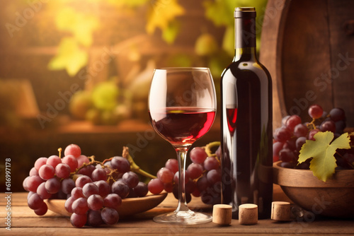 bottle grape glass winery beverage sunset food drink wine alcohol background. Generative AI.