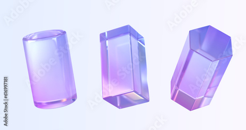 Glass cylinder, rectangle and hexagon 3d render icons set. Abstract geometry shapes with holographic gradient texture, crystal rainbow objects, graphic elements isolated on background. 3D illustration