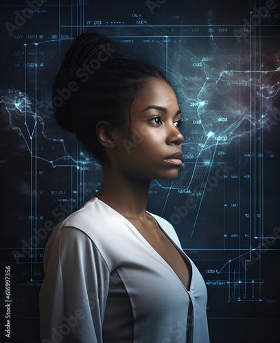 A futuristic image of an African American woman using AI and big data to make informed trading decisions 