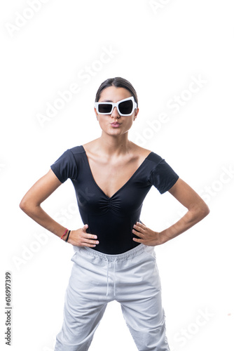 Studio portrait of young brunette model woman wearing funny fancy white sun glasses sending kisses © Diego Zarulli