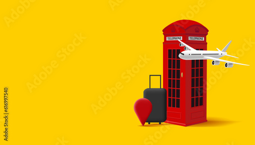red telephone London box with plane and suitecase, 3d render illustration, british trip