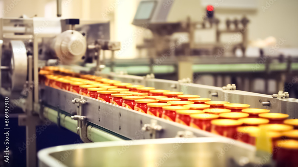 Canned food products on conveyor belt in distribution warehouse. Food production facility.