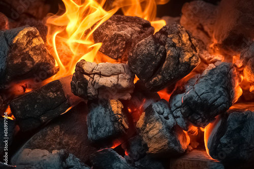 Burning coals as background. Hot coals in a bonfire. 