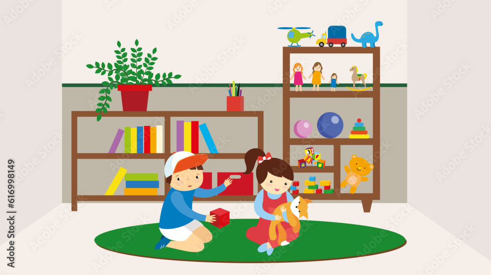 Naklejka premium Children playing with toys in the room. Flat design vector illustration.
