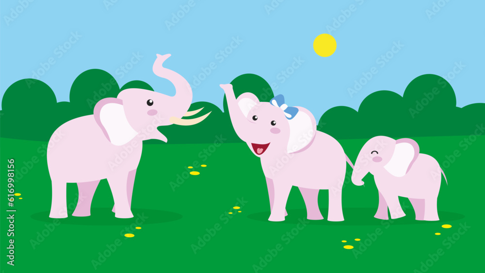 Fototapeta premium Cute cartoon elephants in the park. Vector illustration in flat style