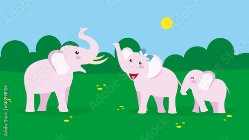 Cute cartoon elephants in the park. Vector illustration in flat style