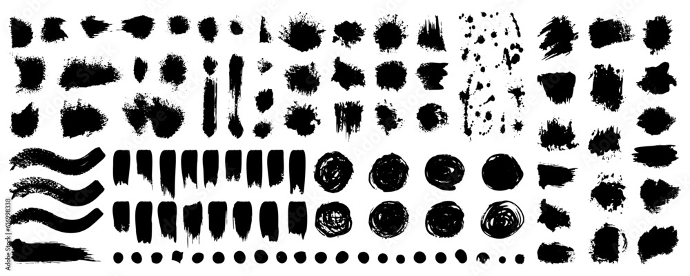 Black grunge paintbrush, paint stroke, ink collection. Set of brush, ink element texture