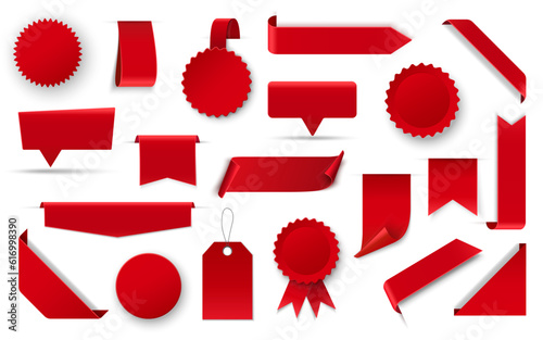 Red blank label, tag, ribbon, banner for sale, discount and promotion