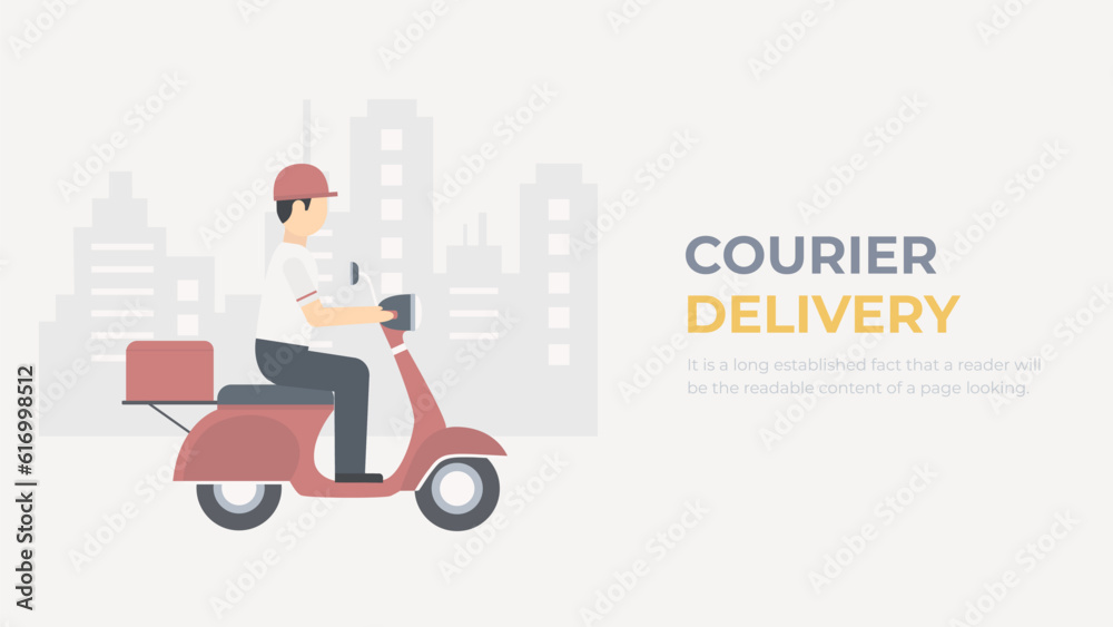 Courier delivery concept. A character on a bike delivers an order around the city. Fast delivery vector.