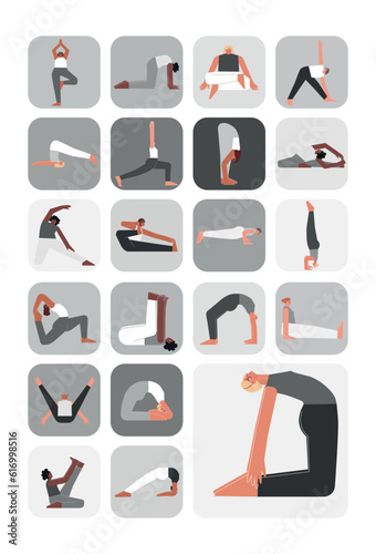 Vector illustration set for sticker pack with yoga poses. Flat monochrome collection on vertical A4 poster with asian, african and caucasian women making sport exercises like asanas, stretchening