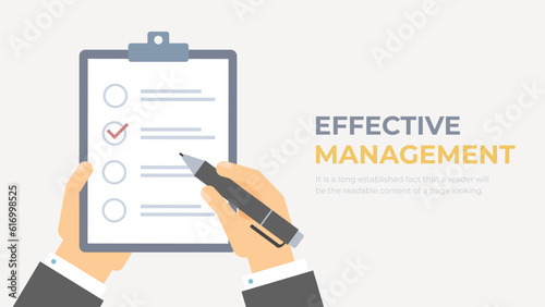 Project task management and effective planning tools. Pen in hand, mark. Hand writing down goals to achieve. Clipboard, checklist symbol vector illustration. 