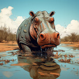illustration of a hippo soaking in water