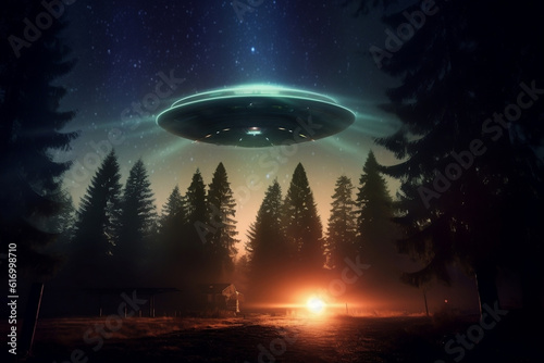 An eerie scene showing the silhouette of trees against a night sky, a UFO above emitting light beams that puncture the darkness.