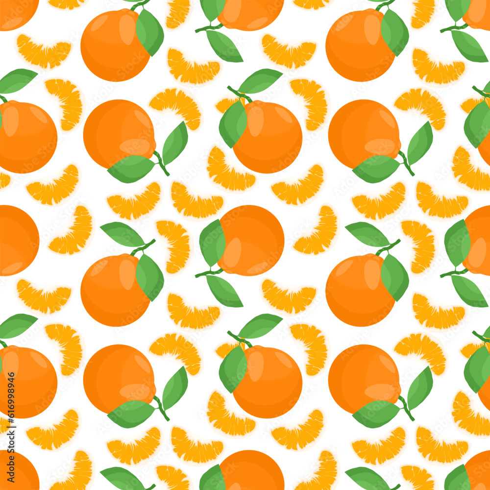 Seamless pattern with Tangerine or Mandarin orange. Repeating texture of fresh whole tangerine and cut Mandarin slices on white background. Clementine orange ripe fruit. Flat vector