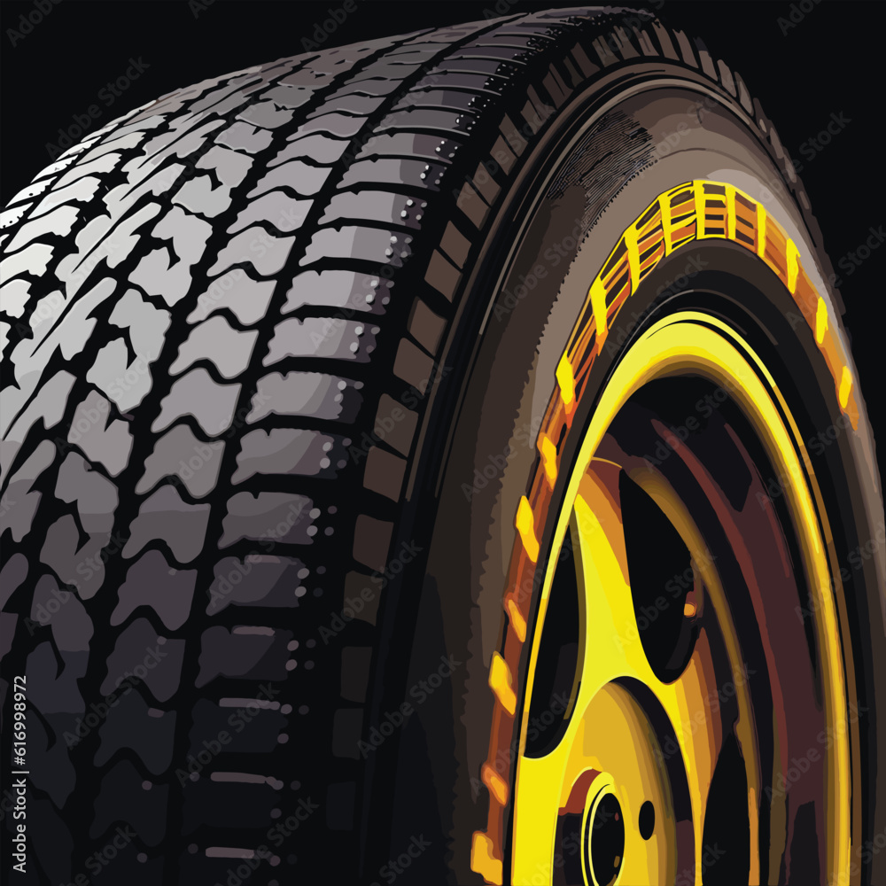 Modern car tire on yellow alloy wheels. Dark background. Car wheel with protector. Tire fitting, car service. Illustration of an aluminum wheel. Wheel vector icon. Modern car tire on yellow alloy wheels. Dark background. Car wheel with protector. Tire fitting, car service. Illustration of an aluminum wheel. Wheel vector icon.